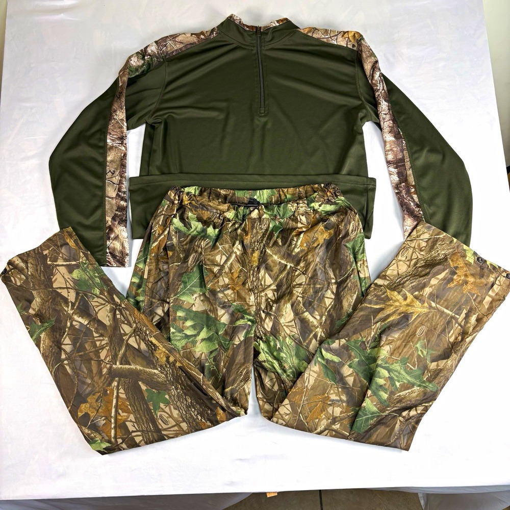 Realtree-Style Camo Hunting Outfit — Quarter-Zip Pullover + Pants, Men's Size L - Picture 1 of 12